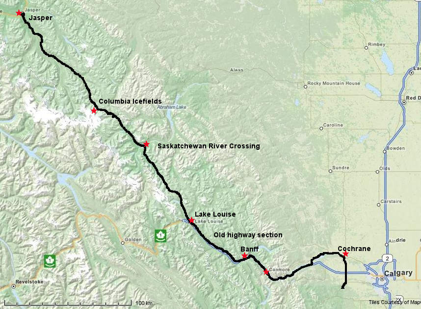 banff to Jasper route map