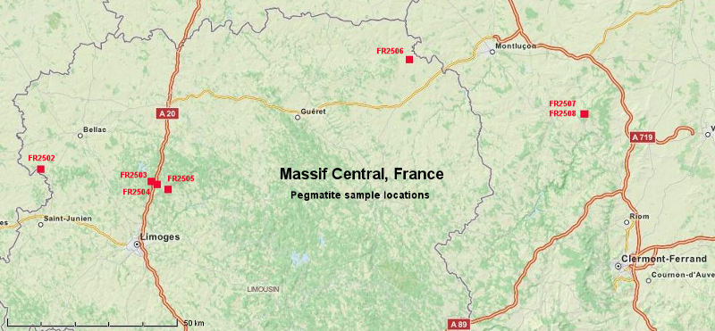 massif central sample location map