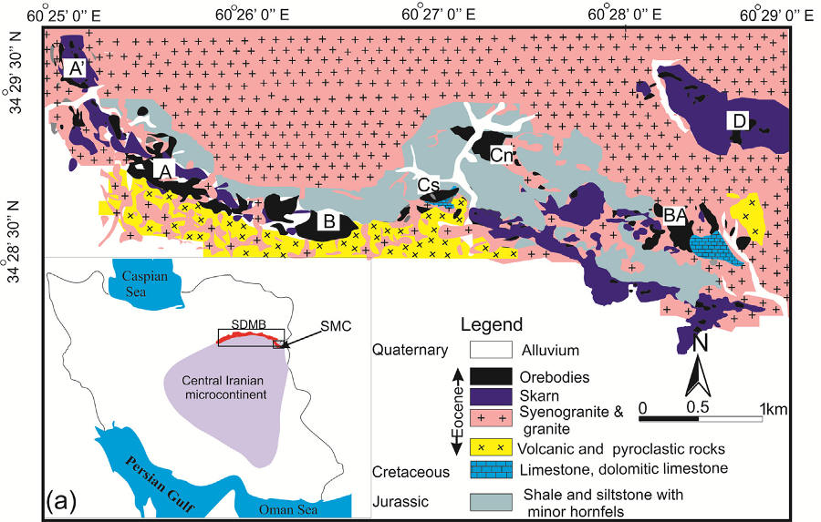 Geological location map, Sangan
      skarns, Iran