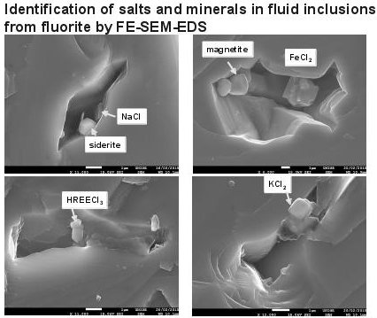 sem image of 4 fluid inclusions in fluorite