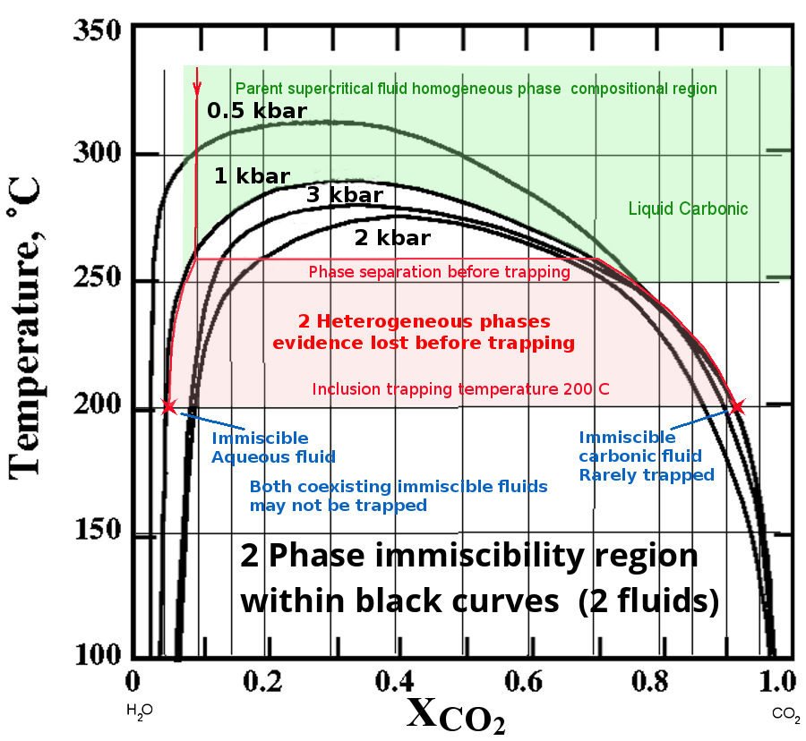 P T X-CO2 phase diagram solvus
        immiscible fluids