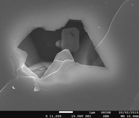 sem image of opened inclusion in fluorite